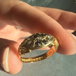 14K Sapphire and Diamond ring w/ tons of hallmarks! Size 8